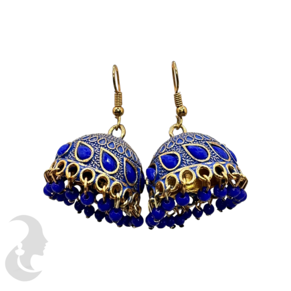 Dark Blue Color Silver Plated Hanging Jhumka Set- Dark Blue Color Beads Hangings, Product Code: V-1736