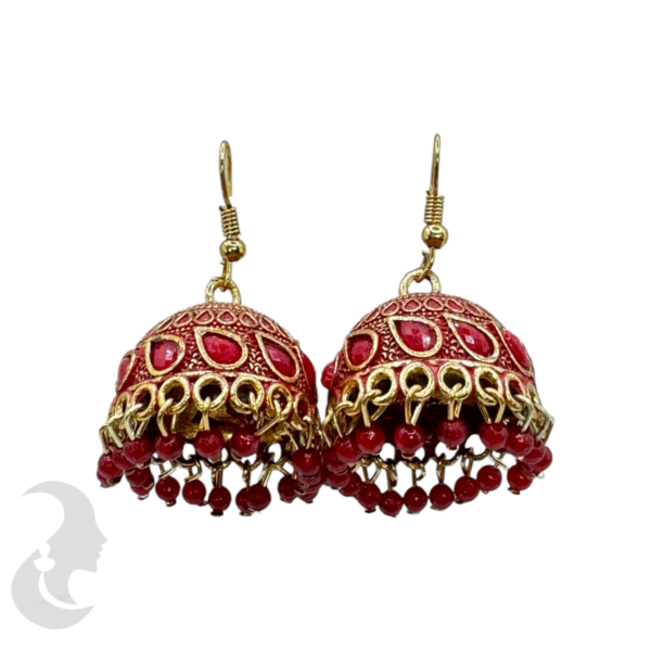 Red Color Silver Plated Hanging Jhumka Set- Red Color Beads Hangings, Product Code: V-1842