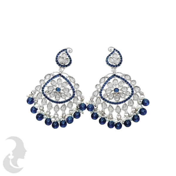 Trendy Silver Earrings- Mango Design- Blue & White Color Stones & Hangings, Product Code: V-1815