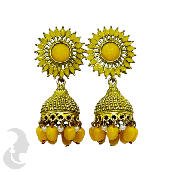 Sun Design Hanging Jhumka Set- Yellow Color With Beads, Product Code: V-1846