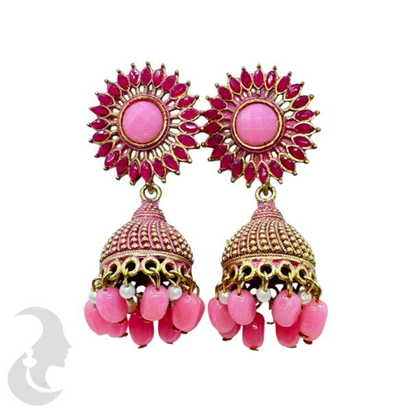 Sun Design Hanging Jhumka Set- Pink Color With Beads, Product Code: V-1847