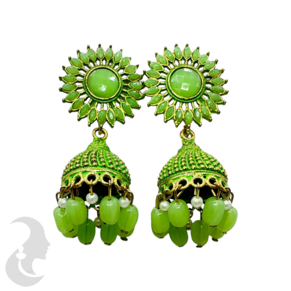 Sun Design Hanging Jhumka Set- Pista Color With Beads, Product Code: V-1848