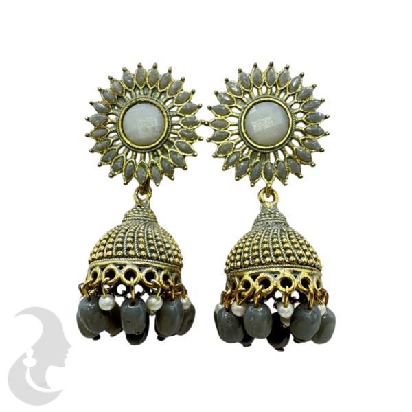 Sun Design Hanging Jhumka Set- Grey Color With Beads, Product Code: V-1849