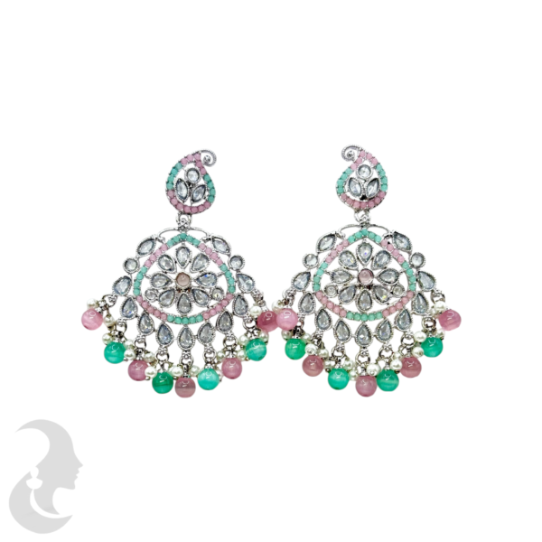 Trendy Silver Earrings- Mango Design- Mint & Baby Pink Color Stones & Hangings, Product Code: V-1816