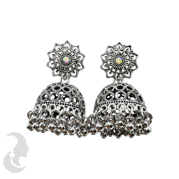 Black Silver Jhumka Set- Silver Hangings, Product Code: V-1744