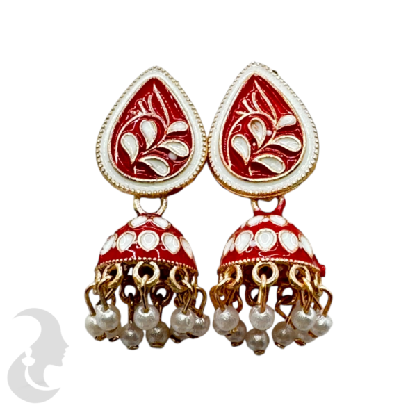 Small Meenakari Jhumkas- Red Color, Product Code: V-1855