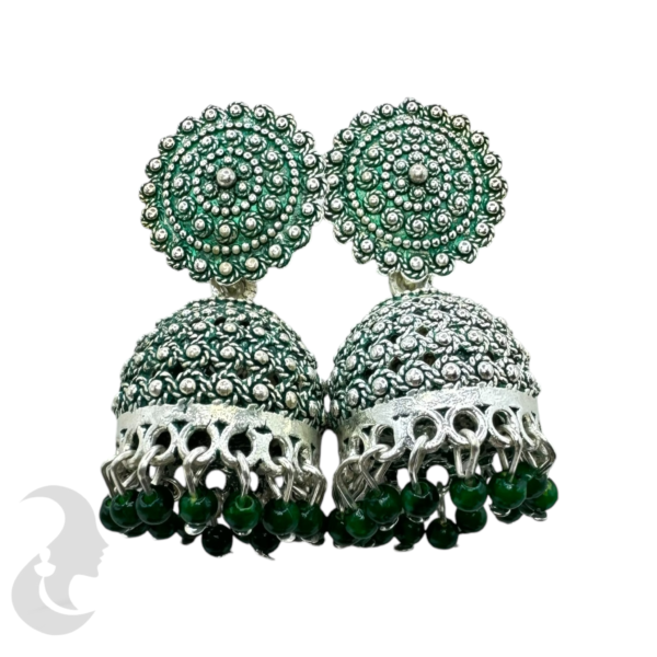 Green Color Silver Plated Jhumka Set- Green Beads Hangings, Product Code: V-1746