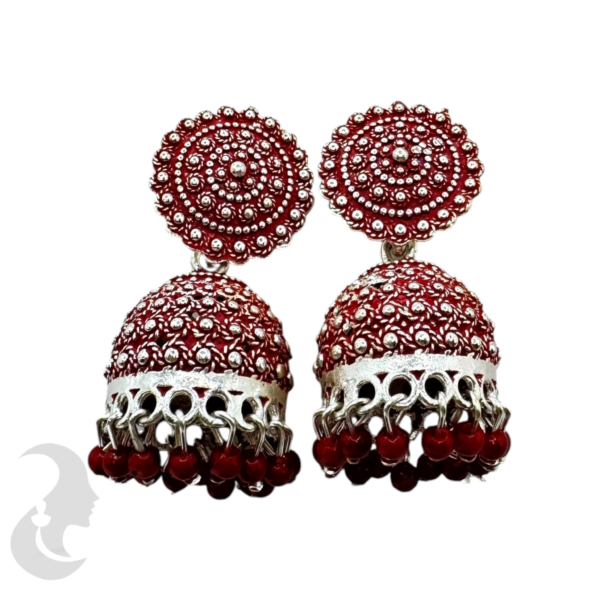 Red Color Silver Plated Jhumka Set- Red Beads Hangings, Product Code: V-1856