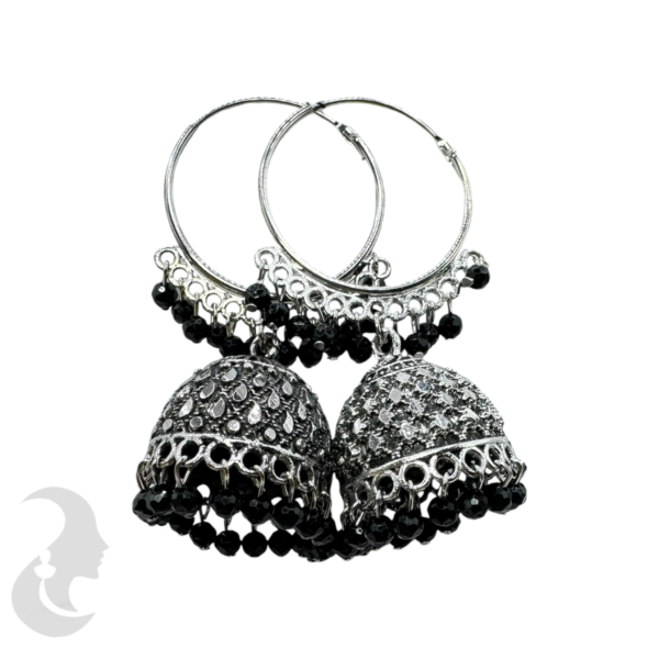 Black Silver Jhumkas Set- Black Color Beads Hangings, Product Code: V-1747