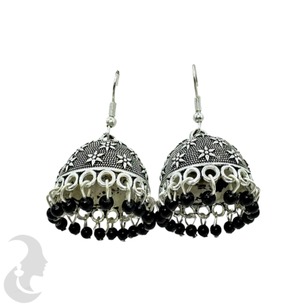 Black Color- Silver Plated Jhumka Set- With Black Beads Hangings, Product Code: V-1860