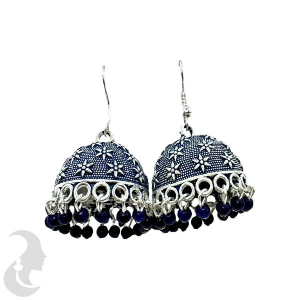 Dark Blue Color- Silver Plated Jhumka Set- With Dark Blue Beads Hangings, Product Code: V-1861