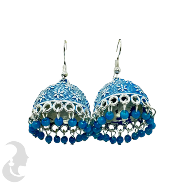 Blue Color- Silver Plated Jhumka Set- With Blue Beads Hangings, Product Code: V-1862