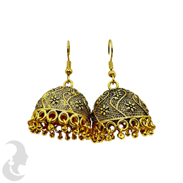 Gold Color- Silver Plated Jhumka Set- With Gold Beads Hangings, Product Code: V-1863