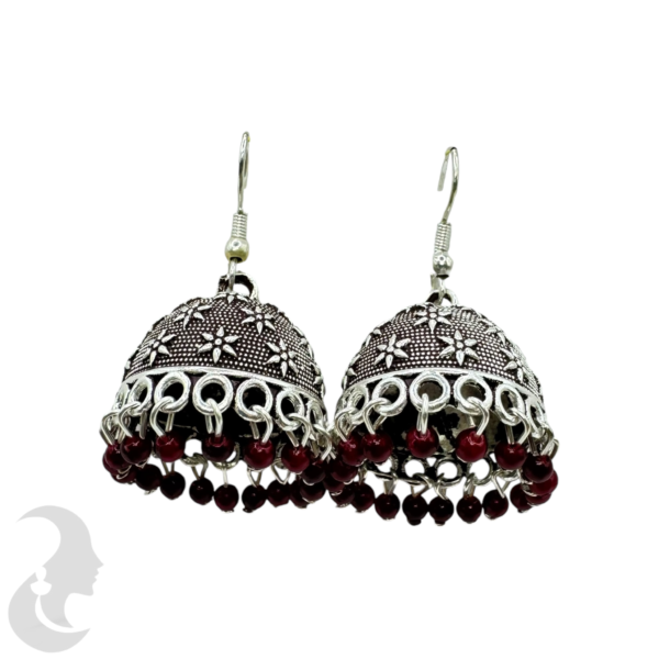 Maroon Color- Silver Plated Jhumka Set- With Maroon Beads Hangings, Product Code: V-1864