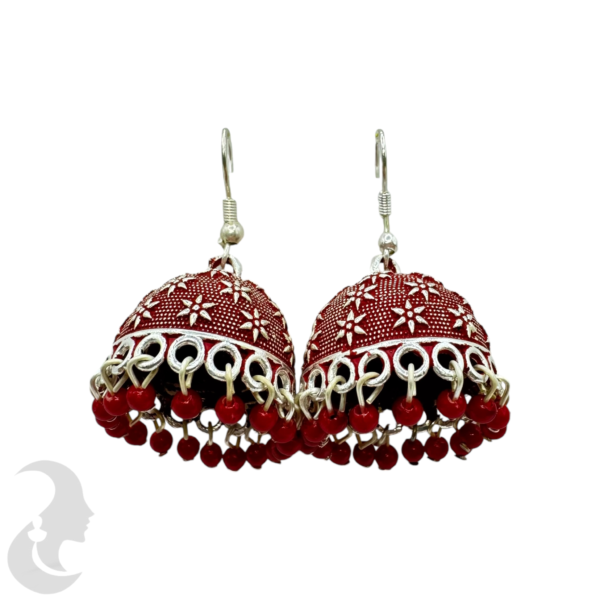 Red Color- Silver Plated Jhumka Set- With Red Beads Hangings, Product Code: V-1865