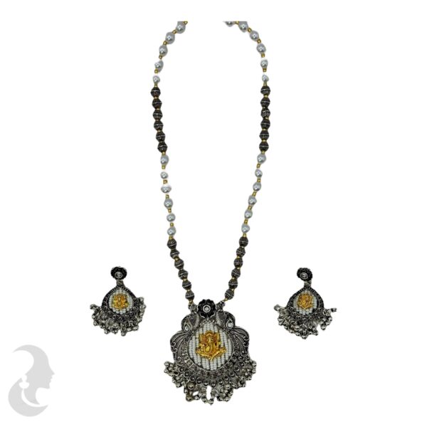 Black Silver- Round Beads Necklace- Ganesh Pendant- Studs, Product Code: V-1178