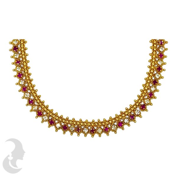 Gold Necklace- AD and Pink Color Stones- With Studs, Product Code: V-1692 - Image 2