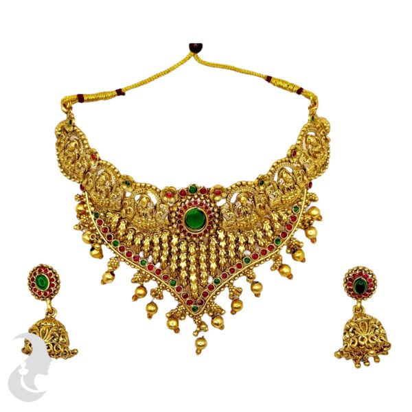 Premium Lakshmi Choker Set- Ruby & Green Color Stones- Jhumka, Product Code: V-2029