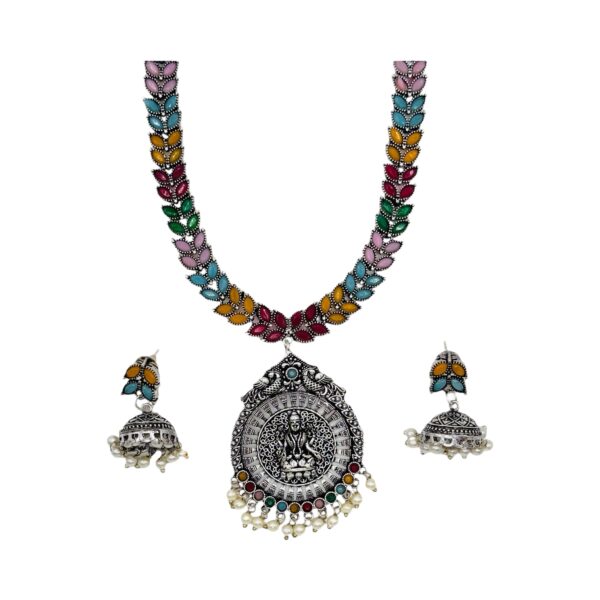 Silver Necklace- Leaf Design- Lakshmi Peacock Pendant- Multi Stones- Jhumkas, Product Code: V-1281