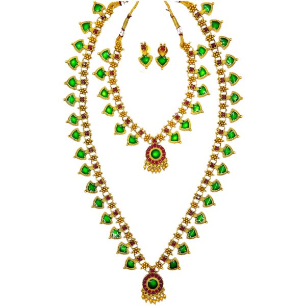 Combo Set- Matte Finish Palakka Necklace Set- Green Enamel- Studs, Product Code: V-2009