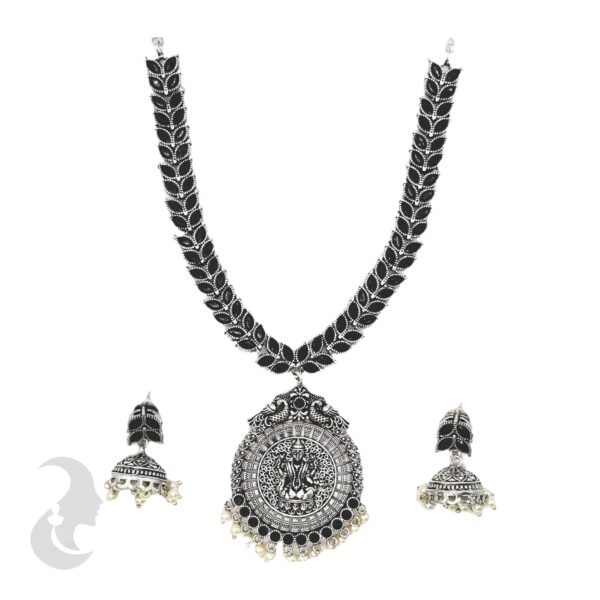 Silver Necklace- Leaf Design- Lakshmi Peacock Pendant- Black Stones- Jhumkas, Product Code: V-1282