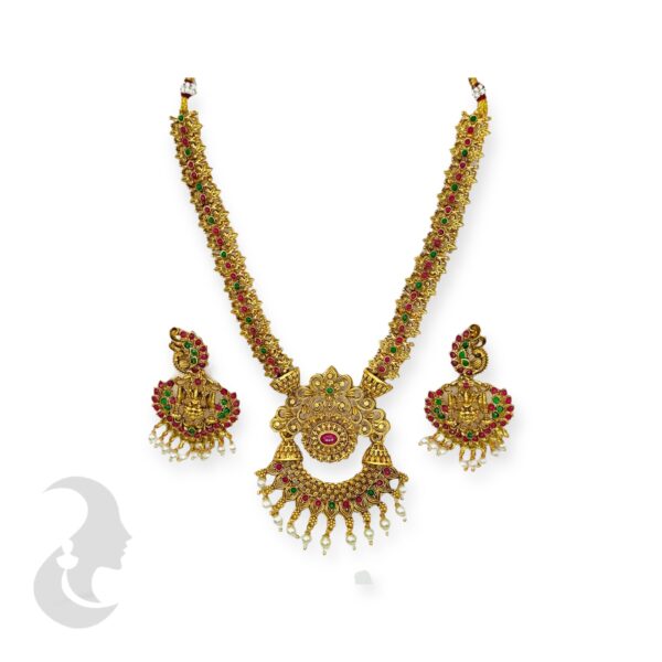 Matte Finish Black Gold Necklace- Flower Design- Ruby & Green Color Stones- Lakshmi Studs, Product Code: V-1708