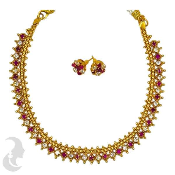 Gold Necklace- AD and Pink Color Stones- With Studs, Product Code: V-1692