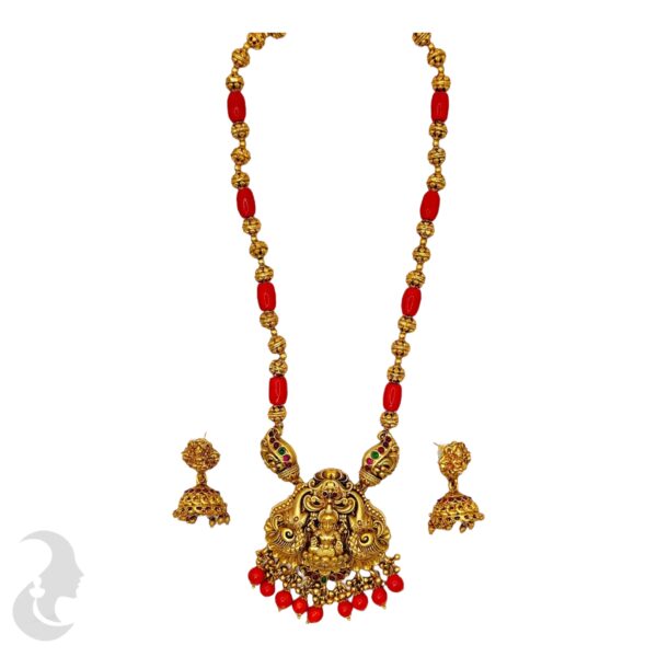 Coral Necklace- Lakshmi & Elephant Design- Coral Beads Necklace - Removable Pendant- Lakshmi Jhumkas, Product Code: V-1213