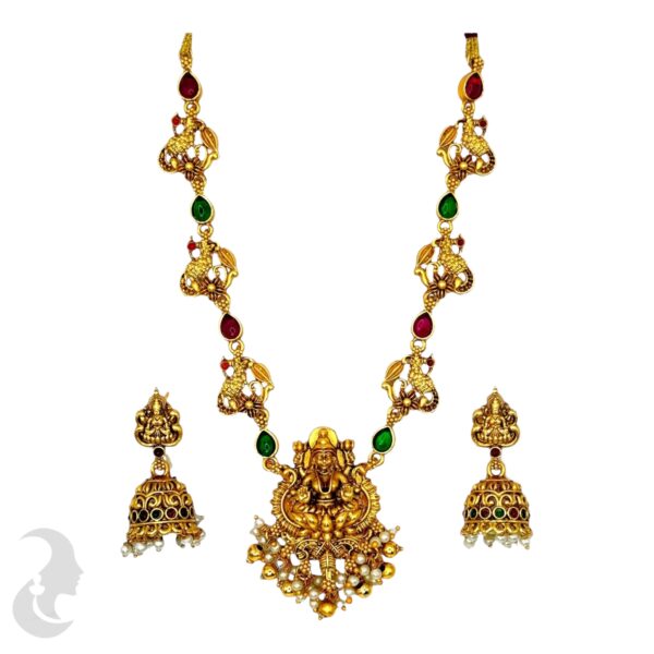 Short Necklace- Ruby & Green Color Stones- Lakshmi Design- Peacock Necklace- Lakshmi Jhumkas, Product Code: V-1566