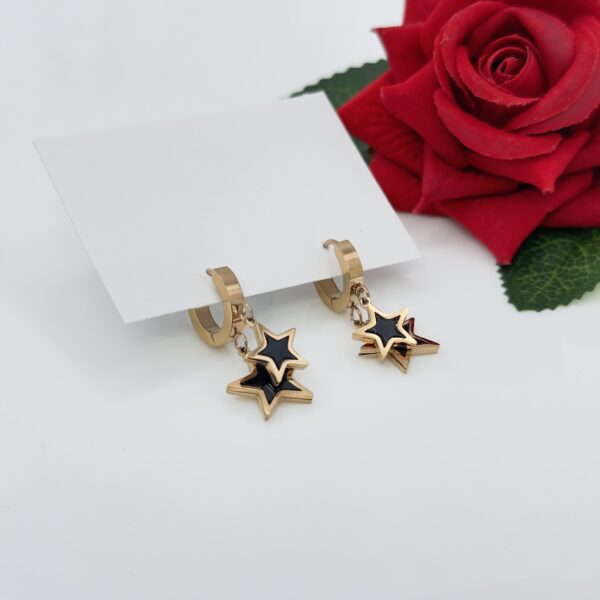 Stainless Steel Rosegold Plated Black Star Designed Hoops Earrings, Product Code: D-5102