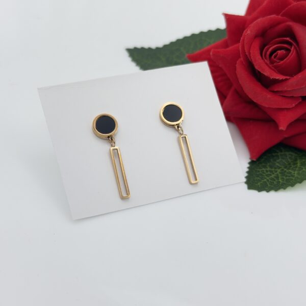 Stainless Steel Rosegold Plated Mini Black Disc Rectangle Hollow Bar Drop Earring, Product Code: D-5103