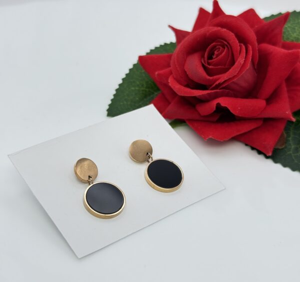 Stainless Steel Rosegold Plated Black Disc Drop Earring, Product Code: D-5130