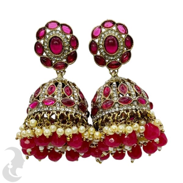 Kundan Jhumka- Dark Pink Color Stone, Product Code: V-2241