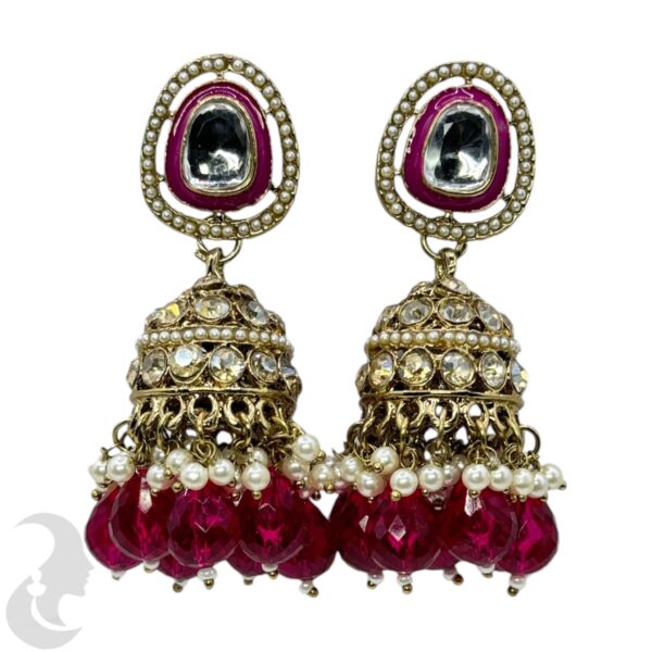 Kundan Jhumka- Dark Pink Color Stone, Product Code: V-2258