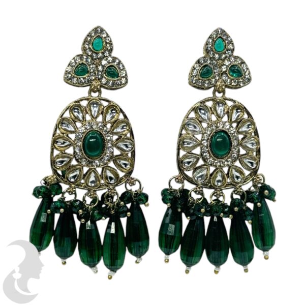 Kundan Hanging Earrings- Green Color Stone, Product Code: V-2263