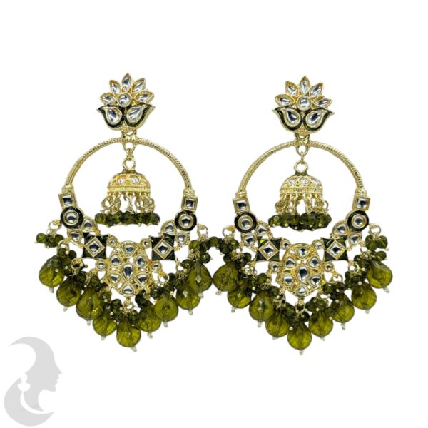 Kundan Hanging Jhumka Earrings - Mehandi Color Stone, Product Code: V-2267