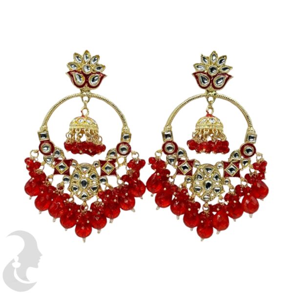 Kundan Hanging Jhumka Earrings - Red  Color Stone, Product Code: V-2268