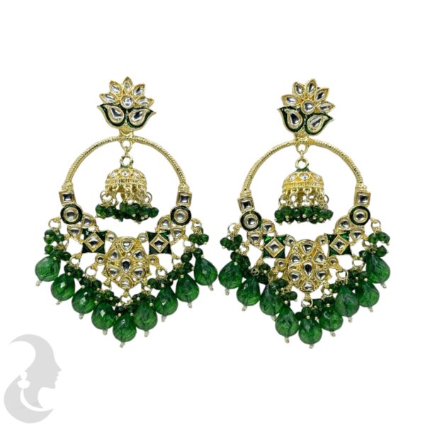 Kundan Hanging Jhumka Earrings - Green Color Stone, Product Code: V-2269