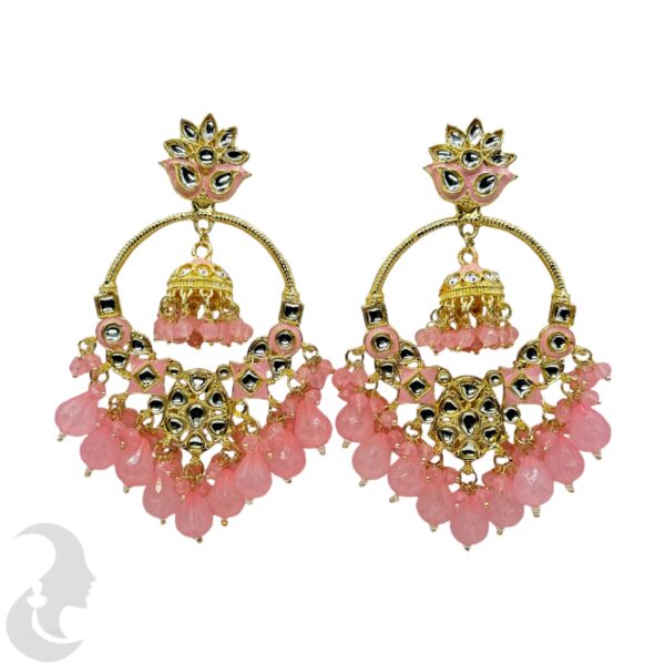 Kundan Hanging Jhumka Earrings - Baby Pink Color Stone, Product Code: V-2270