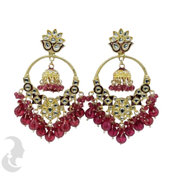 Kundan Hanging Jhumka Earrings - Light Maroon Color Stone, Product Code: V-2272