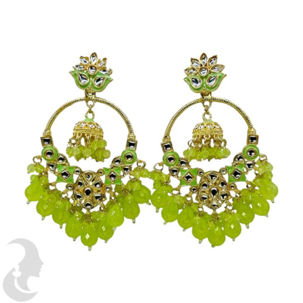 Kundan Hanging Jhumka Earrings - Fluorescent Green Color Stone, Product Code: V-2274