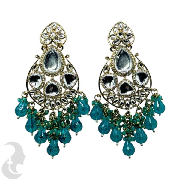 Kundan Hanging  Earrings - Peacock Blue Color Stone, Product Code: V-2278