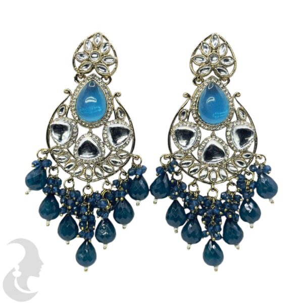 Kundan Hanging  Earrings - Dark Peacock Blue Color Stone, Product Code: V-2280