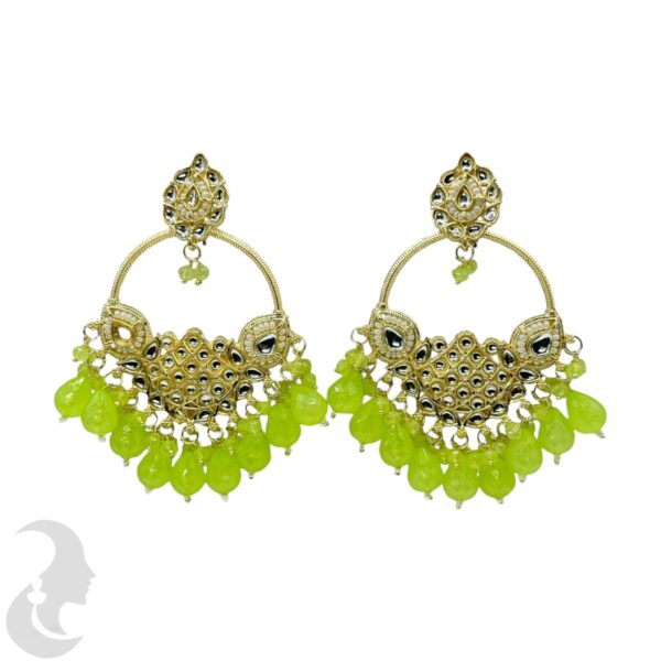 Kundan Hanging  Earrings - Fluorescent Green Color Stone, Product Code: V-2286