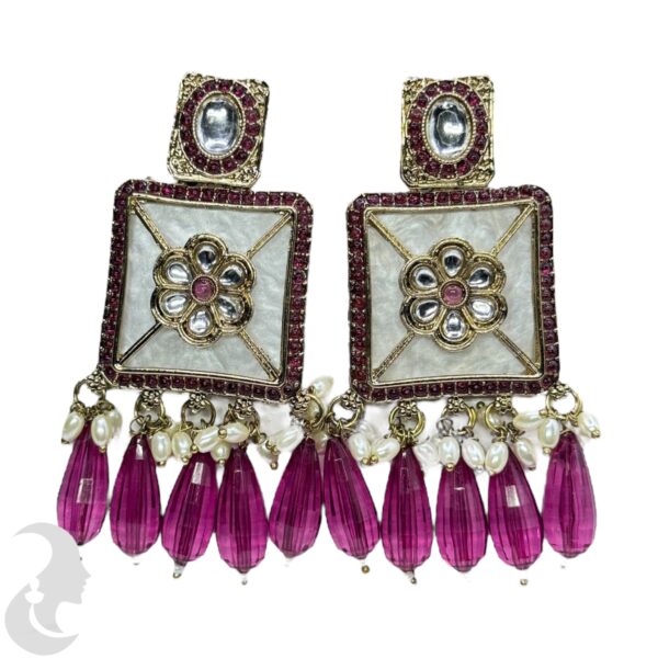 Kundan Hanging  Earring- Dark Pink Color Stone, Product Code: V-2295