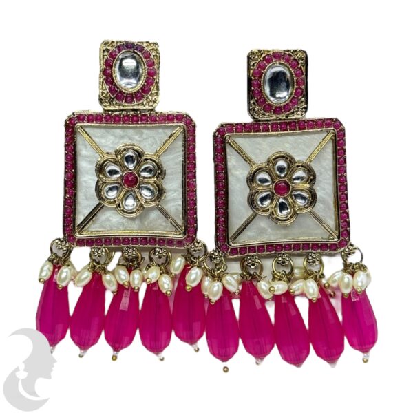 Kundan Hanging  Earring- Pink Color Stone, Product Code: V-2297