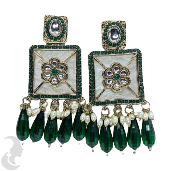 Kundan Hanging  Earring- Green Color Stone, Product Code: V-2300