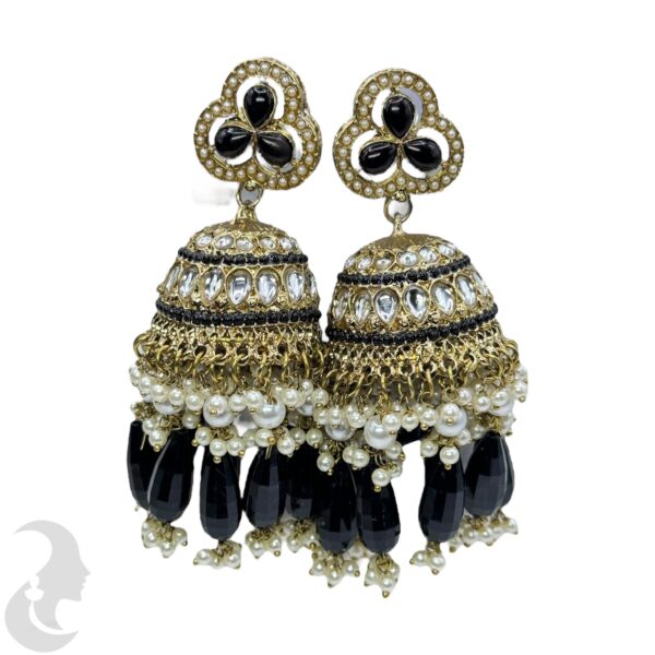 Kundan Big Jhumka- Black Color Stone, Product Code: V-2304