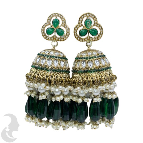 Kundan Big Jhumka- Green Color Stone, Product Code: V-2305