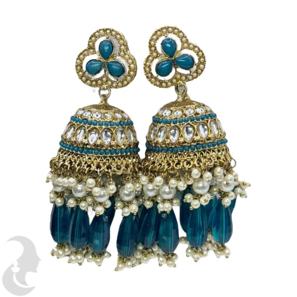 Kundan Big Jhumka- Peacock Blue Color Stone, Product Code: V-2306